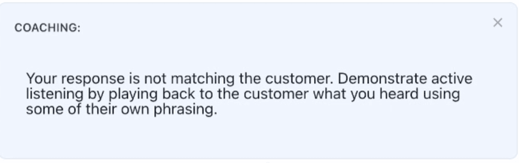 A Nayak coaching hint recommending that the seller demonstrate active listening by playing back the customer's own phrasing.