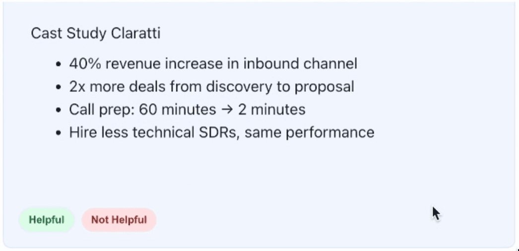 A close view of a Nayak product hint with four concise Claratti results and helpful or not helpful feedback controls.