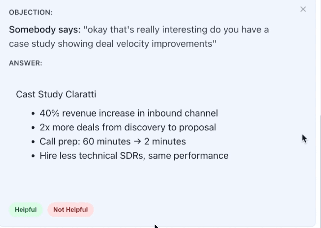 A Nayak objection-response hint surfacing specific Claratti case-study results when the buyer asks about deal velocity.